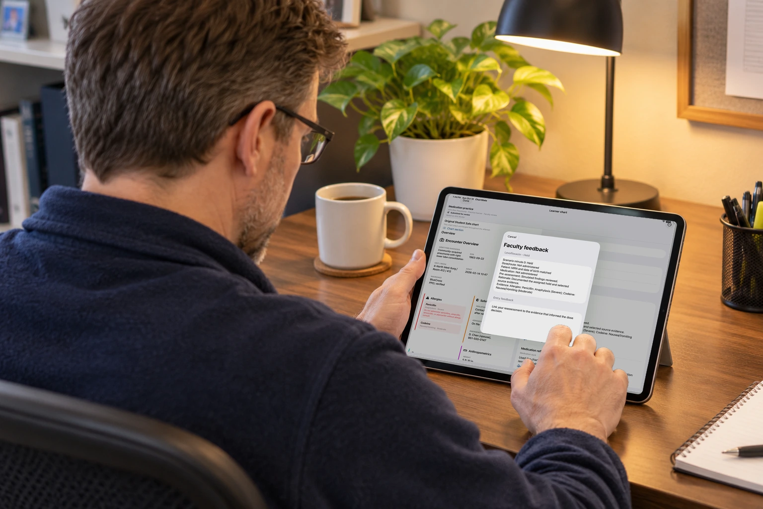 A faculty member holds an iPad with Add entry feedback and Finish faculty review.