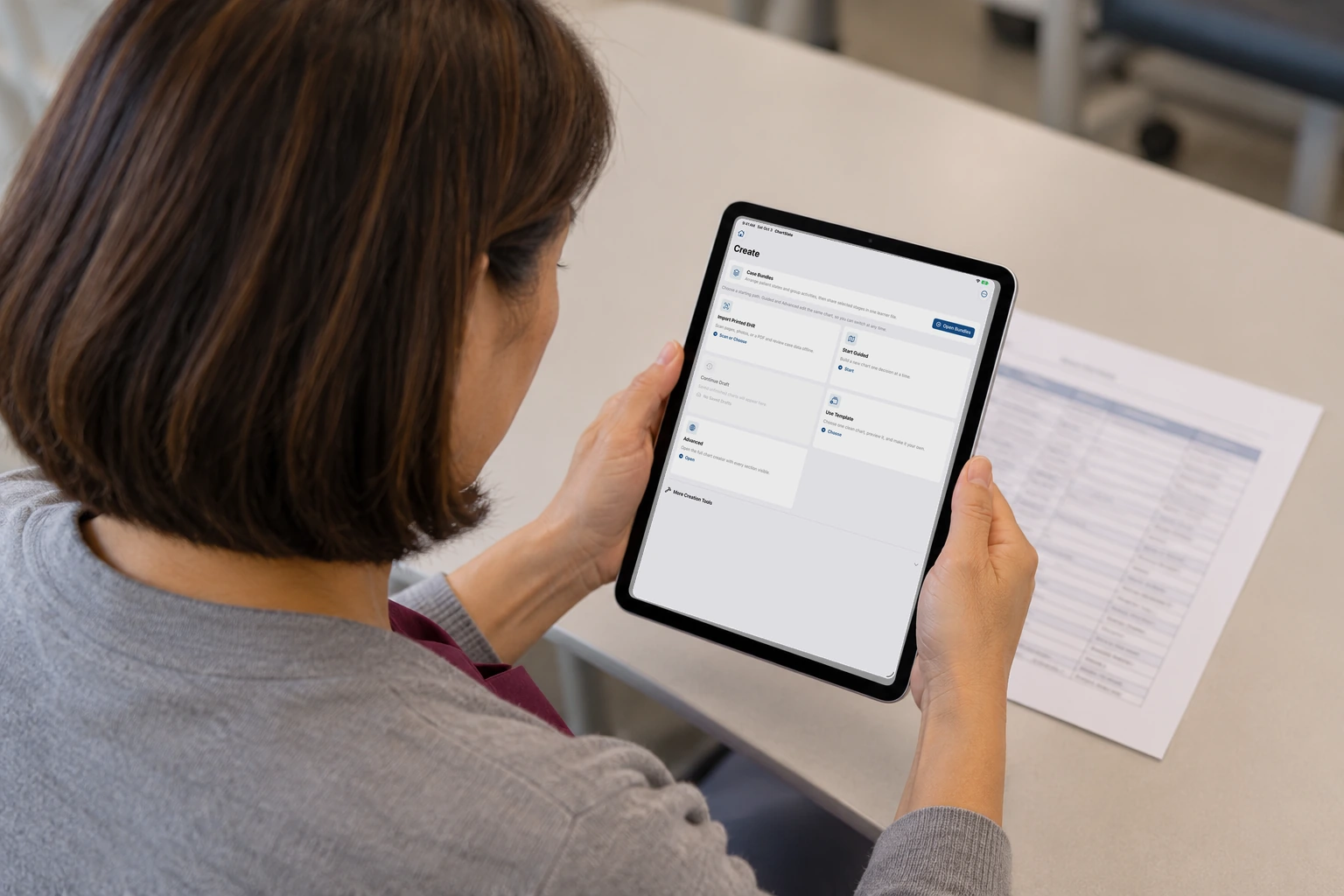 An iPad shows the create menu, including Start guided, Import printed pages, and Create next state.