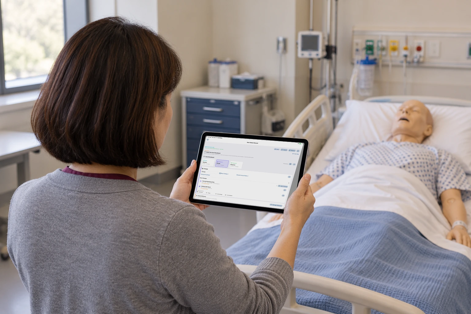 An iPad lists the guided chart steps from the patient through the review.