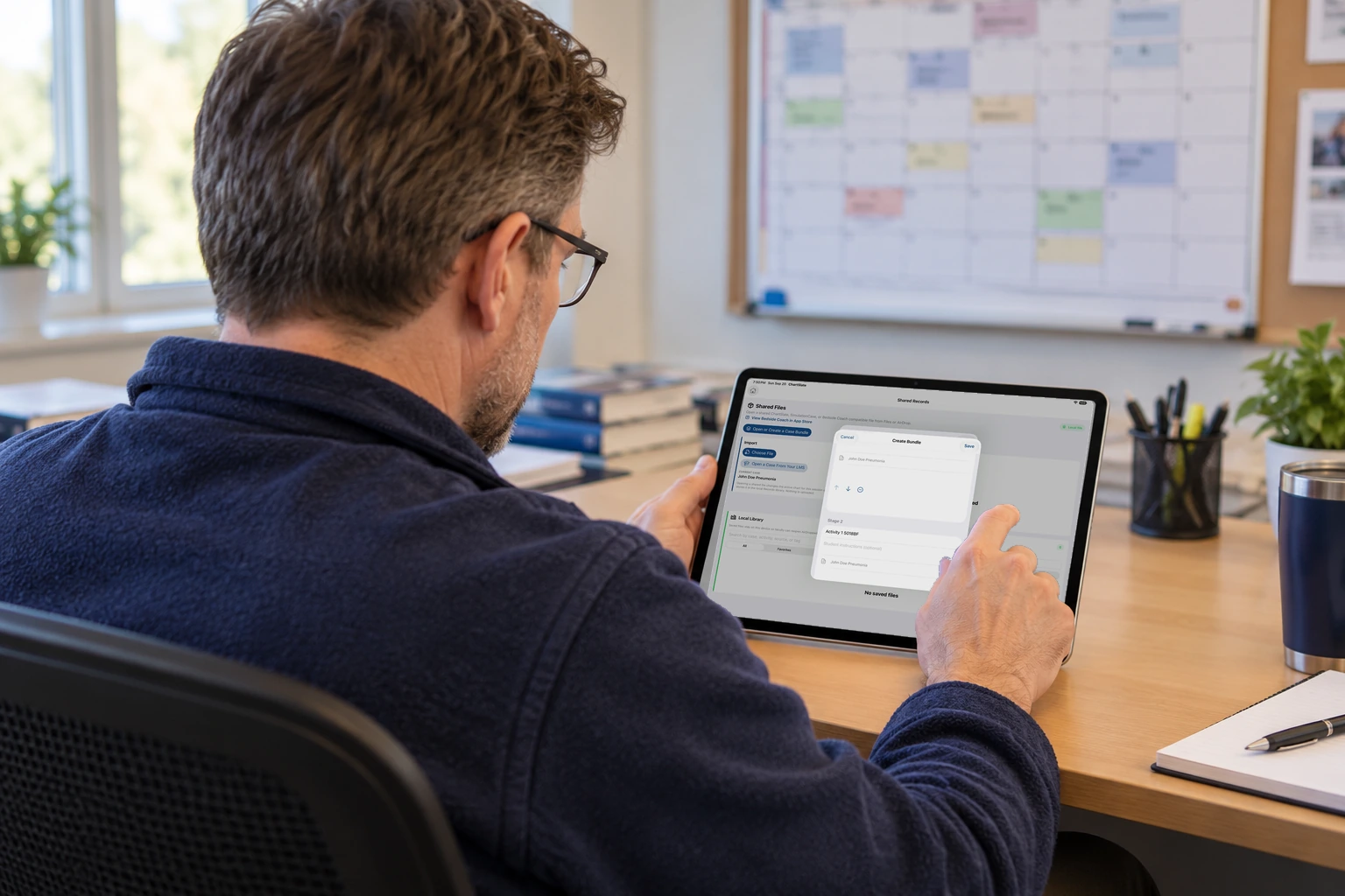 An iPad shows lesson stages being put in order, with group instructions.