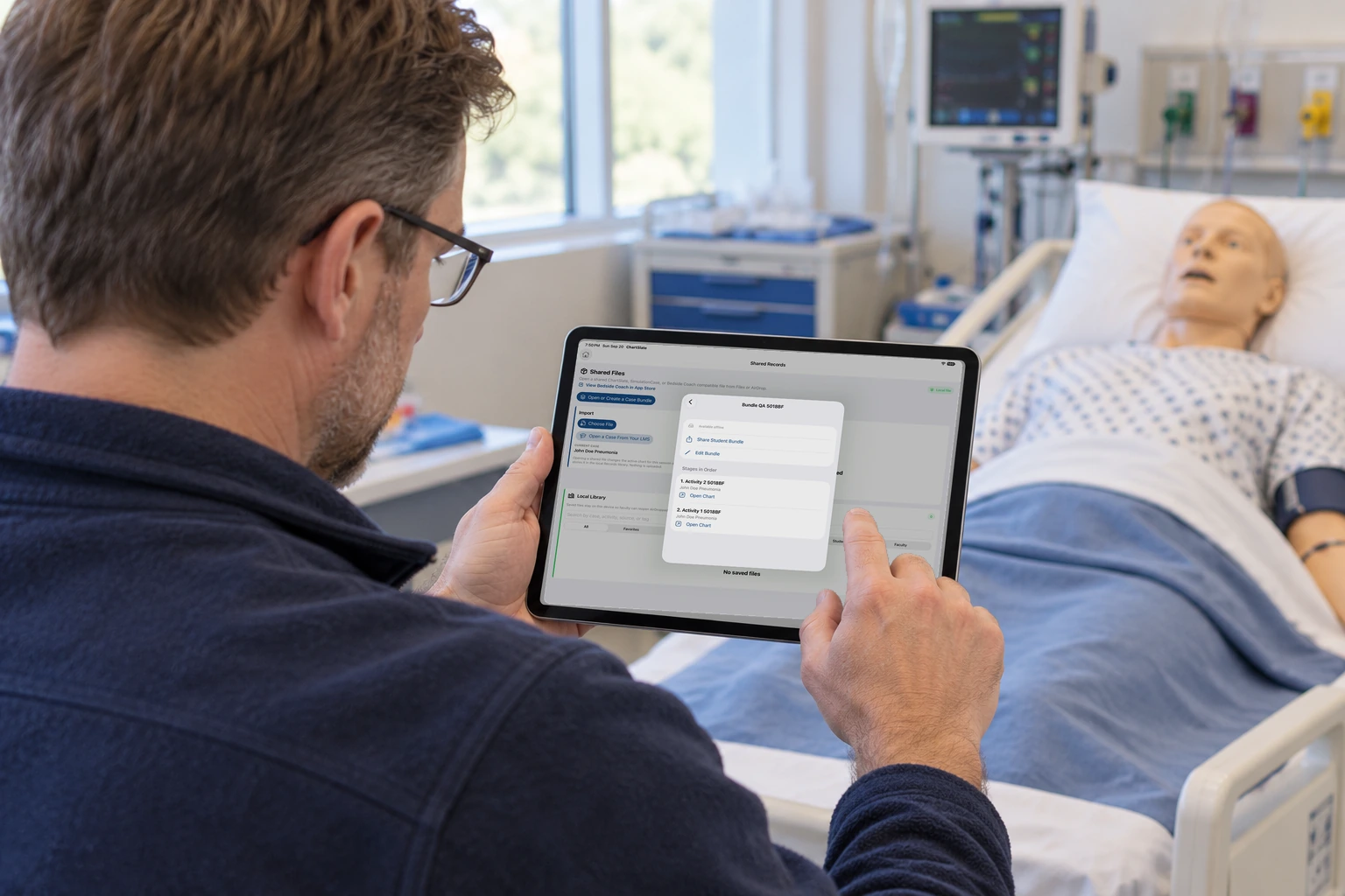 An iPad asks faculty to export a student-safe file or a full instructor file.