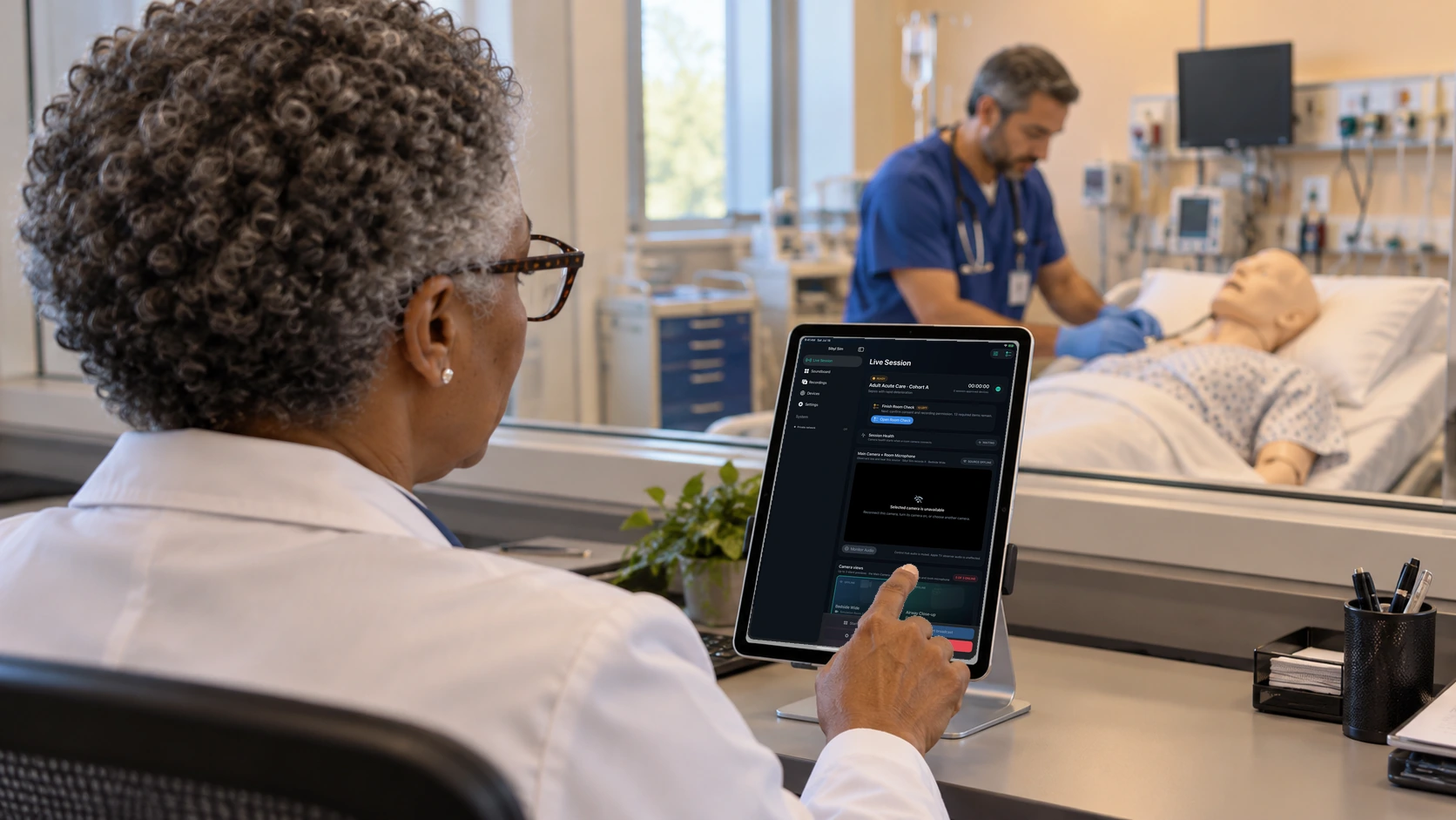 Faculty hold an iPad control hub with a camera preview, the main camera marked, and Start recording.