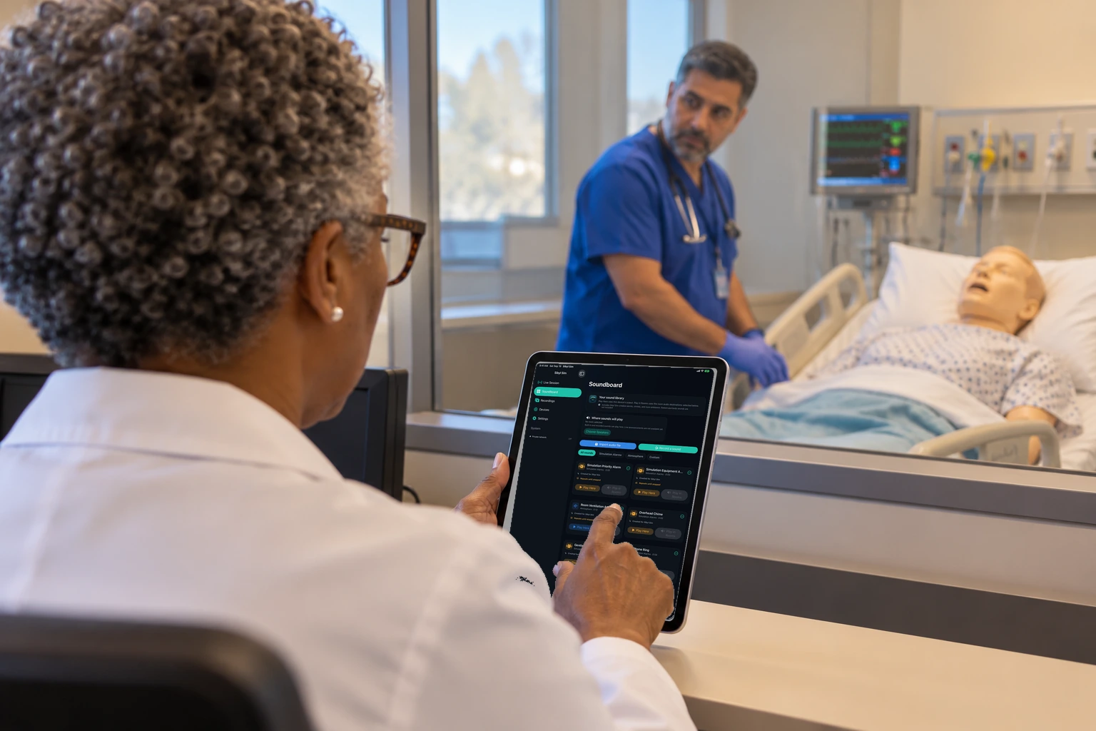 An iPad soundboard lists a prepared patient line, a speaker, and Play.