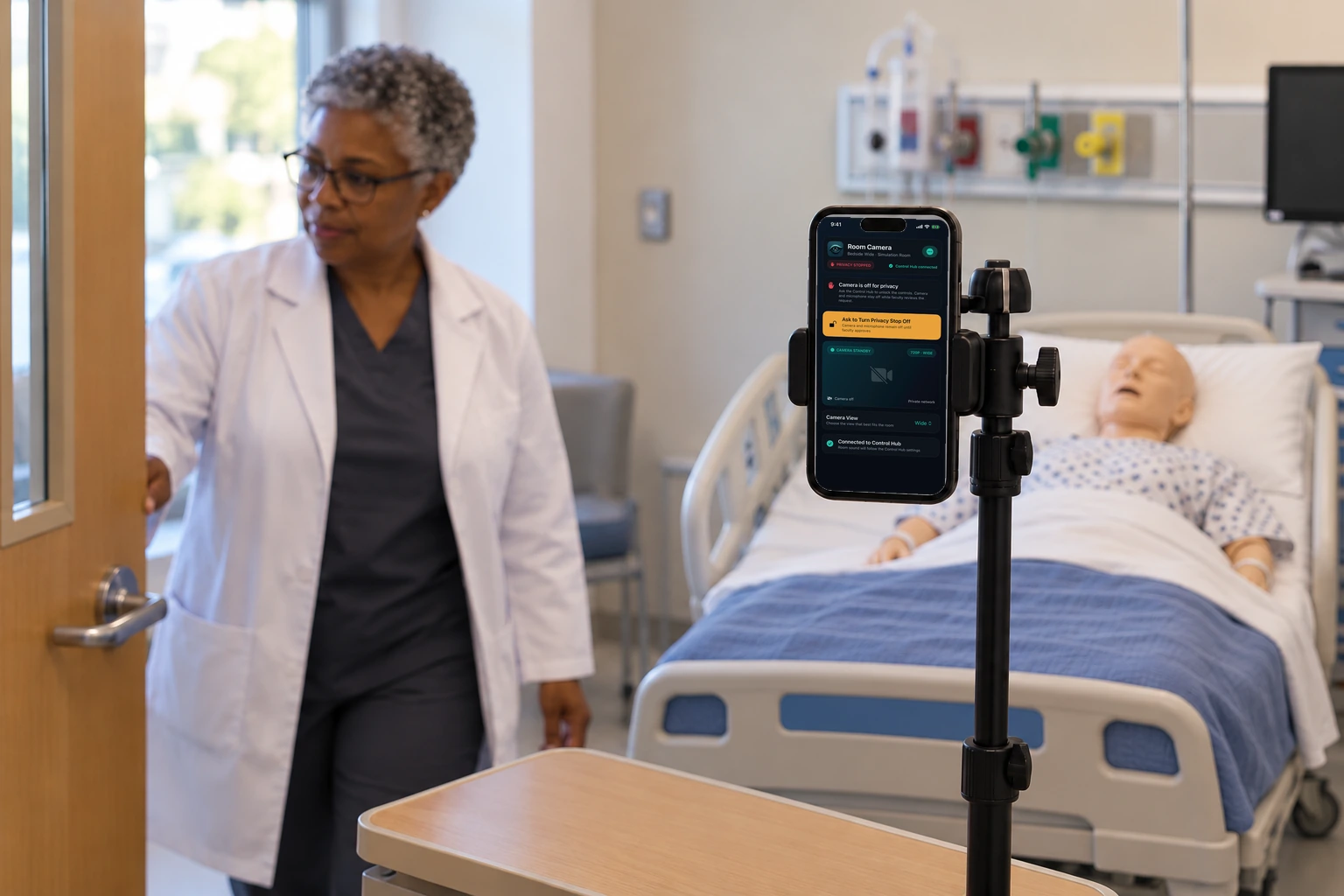 An iPad shows Privacy Stop, with the cameras and recording paused.