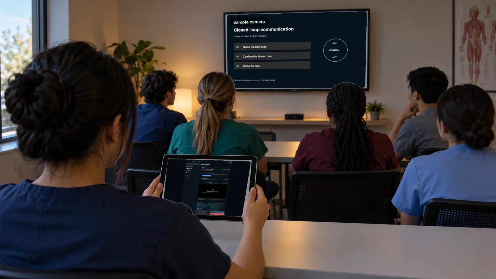 Students in a classroom watch the main camera on a large screen.